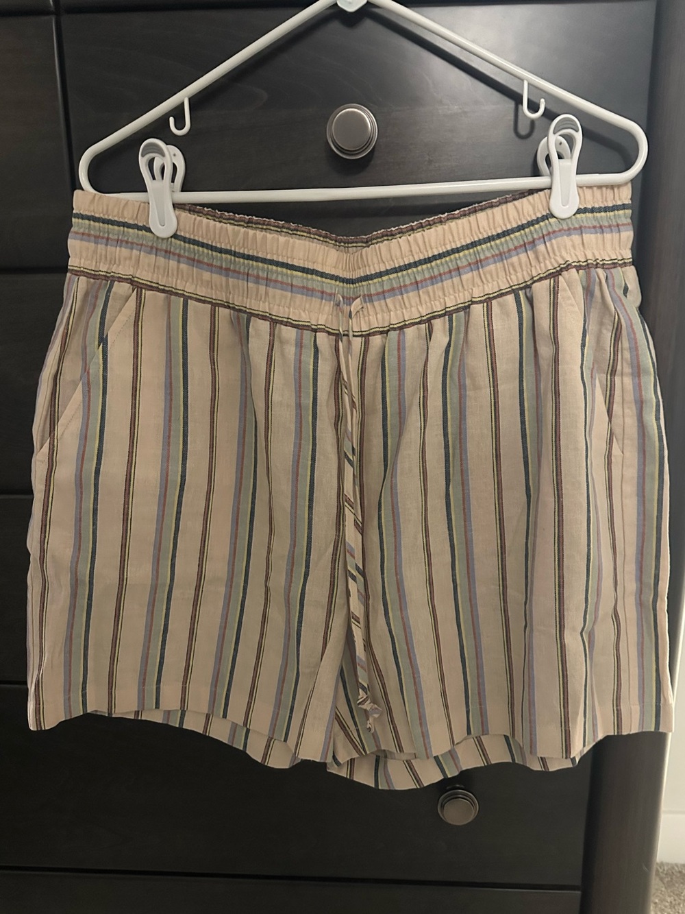 CAbi Striped Summer Shorts in Beige with Multicolor Stripes